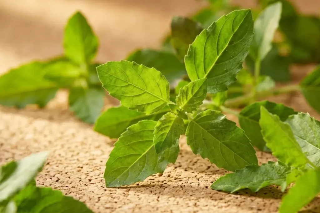 fresh tulsi holy basil leaves used in natural incense sticks for spiritual rituals