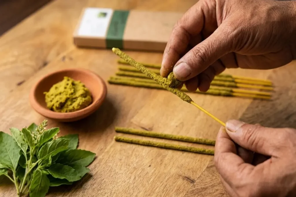 artisan rolling handmade incense sticks using natural tulsi paste