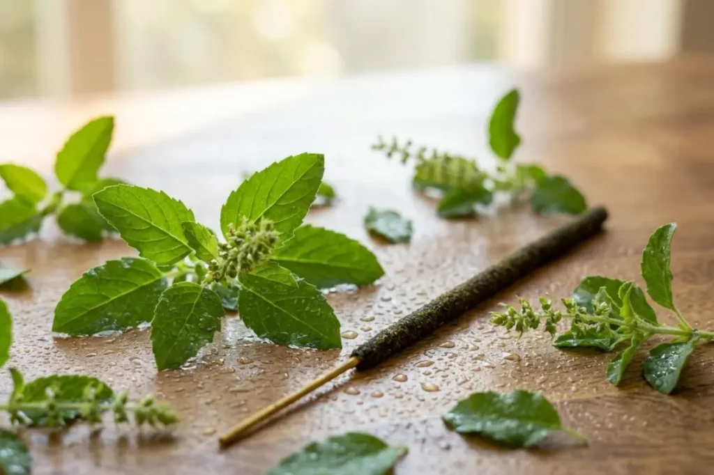 Fresh tulsi holy basil leaves on a wooden surface, the sacred herb behind tulsi incense sticks benefits