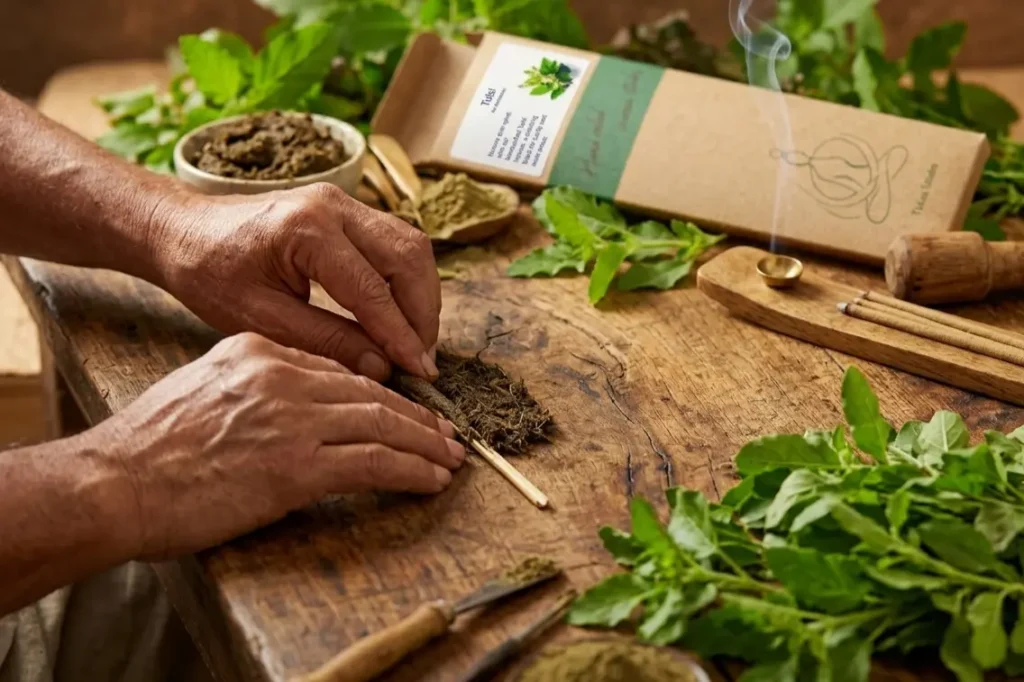 handrolled tulsi incense sticks being crafted by artisan hands using natural holy basil