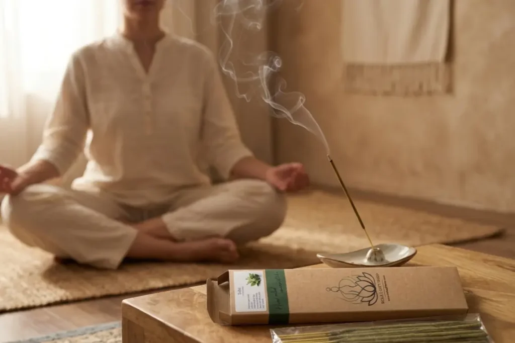 Person meditating with tulsi incense sticks burning nearby, showing meditation incense benefits for stress relief and mental clarity