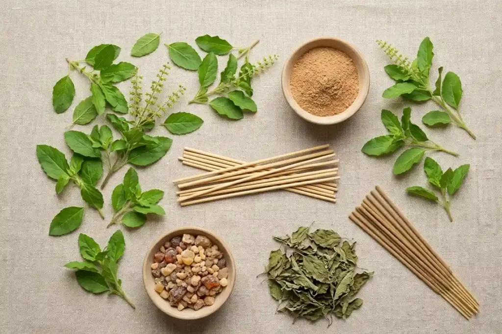 Raw natural ingredients for chemical-free tulsi herbal incense sticks including jiggit gum, tulsi and wood powder