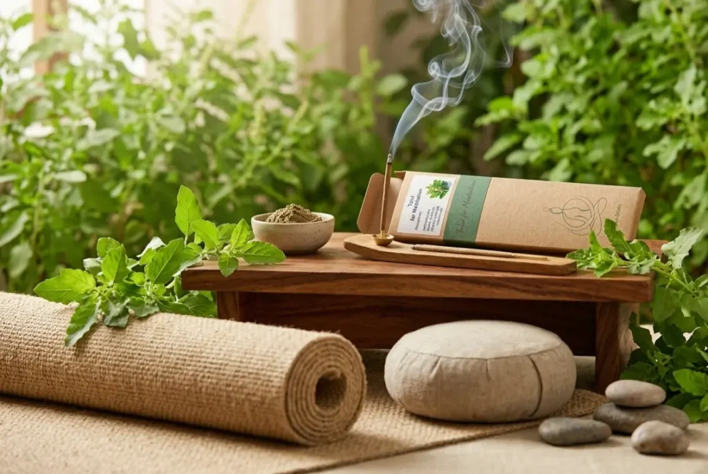 herbal incense sticks for meditation lit in a calm home meditation space with tulsi aroma