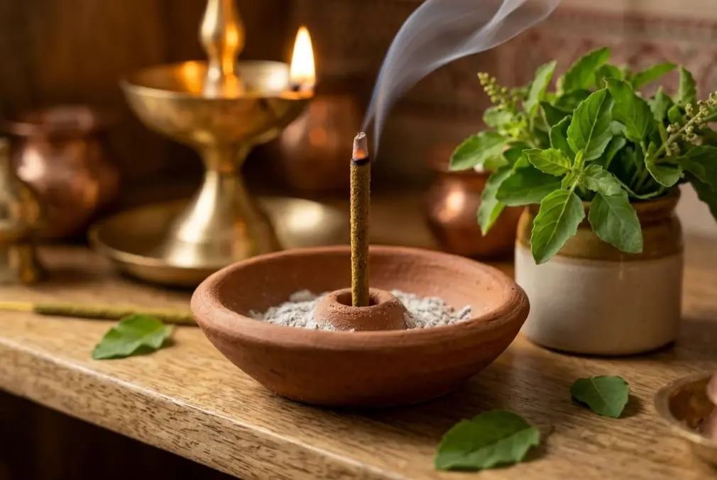 handmade tulsi incense sticks for pooja on home altar with diya