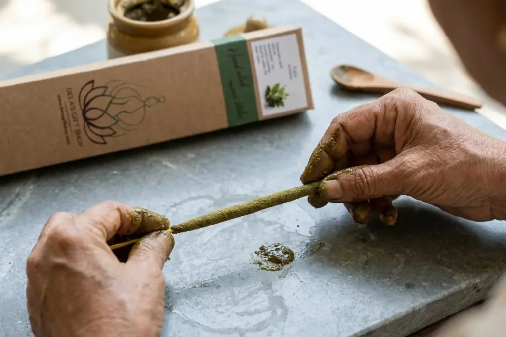 Artisan hands hand-rolling natural eco-friendly tulsi incense sticks using traditional Indian method