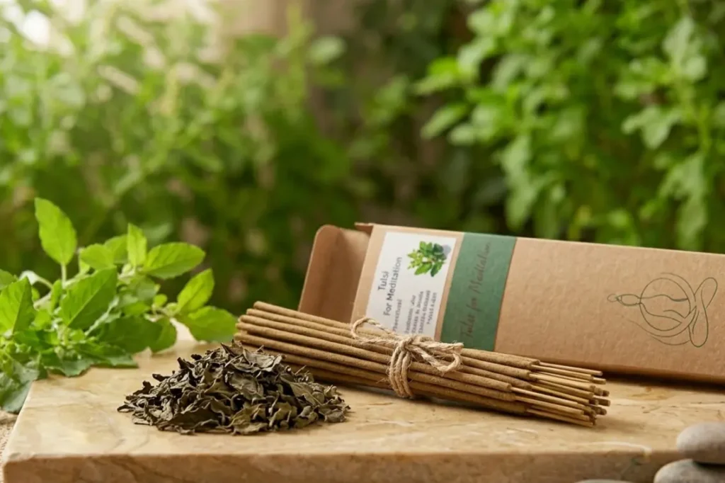 natural tulsi incense sticks bulk pack with dried holy basil leaves for pooja and meditation