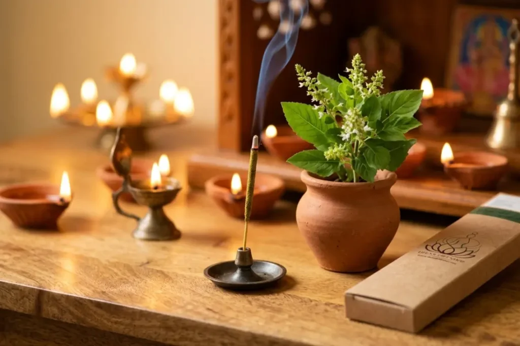 Home puja altar with lit tulsi incense stick burning beside a tulsi plant in earthen pot, illustrating spiritual benefits of tulsi for daily ritual