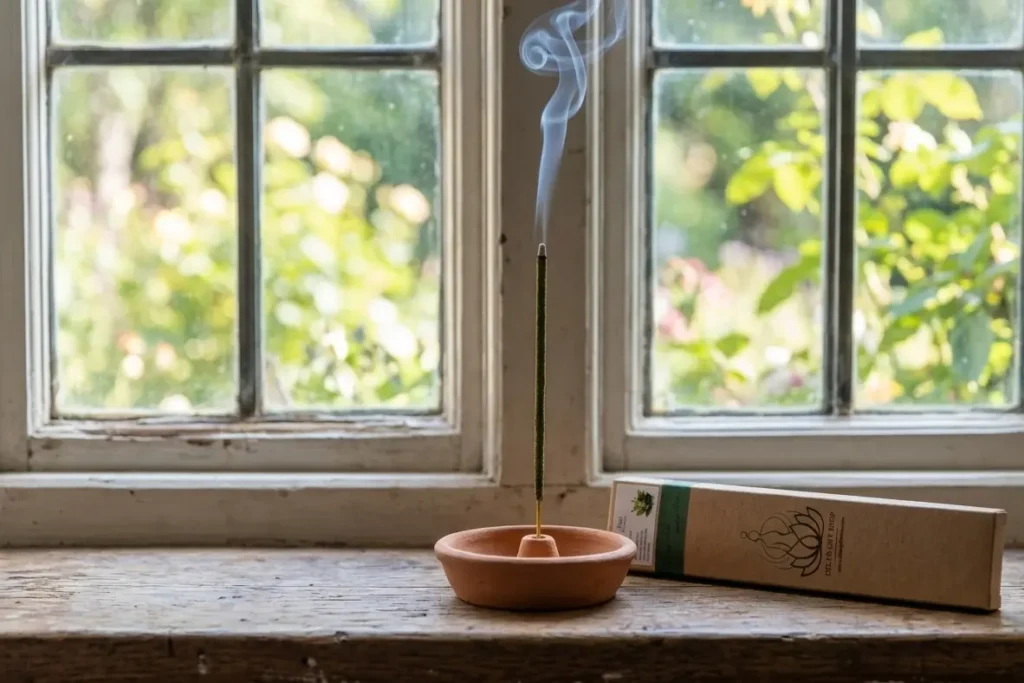 Natural tulsi masala incense stick burning in clay holder with soft daylight and rising smoke