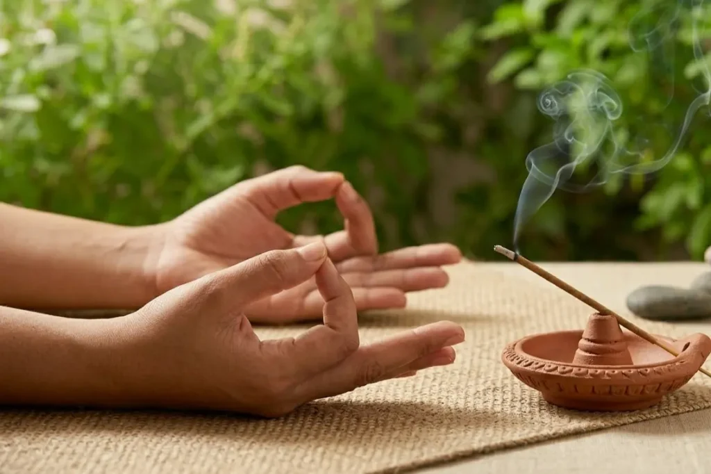 tulsi incense sticks for meditation with hands in prayer pose and slow burning holy basil incense