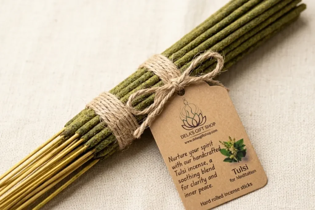 Dela's Gift Shop handrolled tulsi incense stick bundle with natural twine packaging