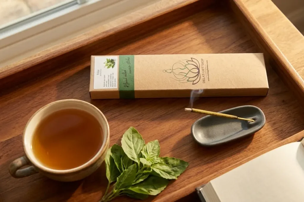 Dela's Gift Shop natural tulsi incense sticks with tea cup and fresh holy basil leaves on wooden morning tray