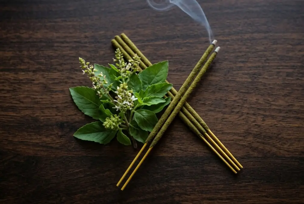 handrolled tulsi incense stick with fresh tulsi leaves on wooden surface