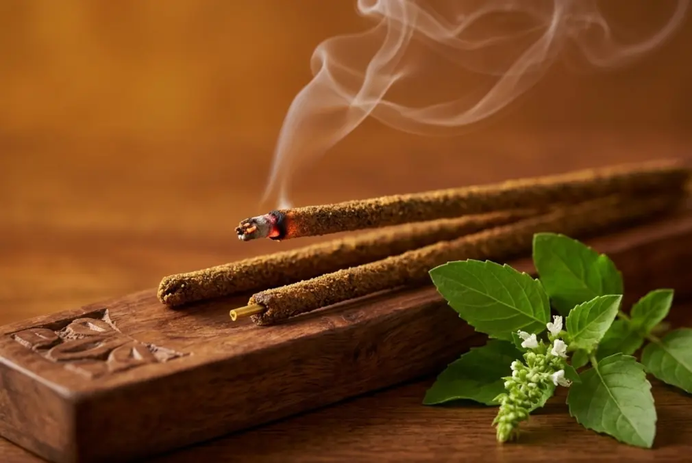 Hand-rolled tulsi incense sticks burning on a wooden incense holder with fresh holy basil leaves and soft smoke