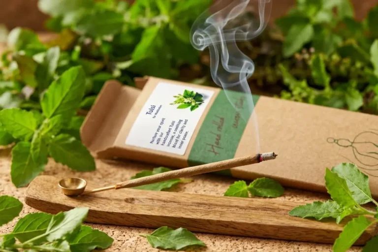 Holy basil incense sticks handrolled with fresh tulsi leaves burning on wooden incense holder