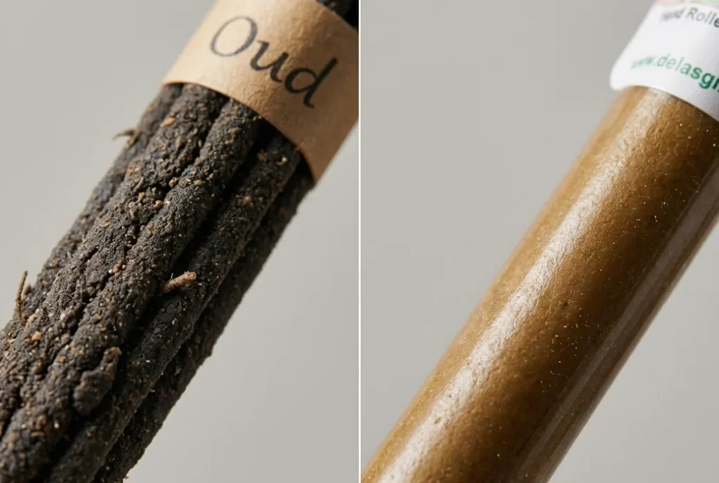 Hand-rolled oud incense stick texture compared to machine-made incense stick