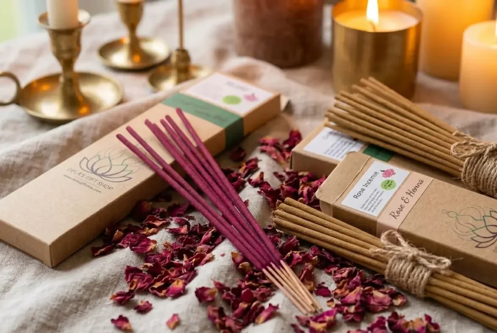 Hand-rolled natural rose incense sticks with dried rose petals.