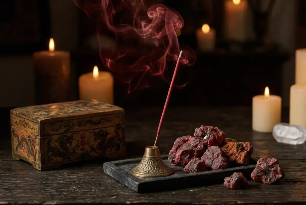 Natural Dragon Blood resin hand-rolled incense stick burning on wooden surface.