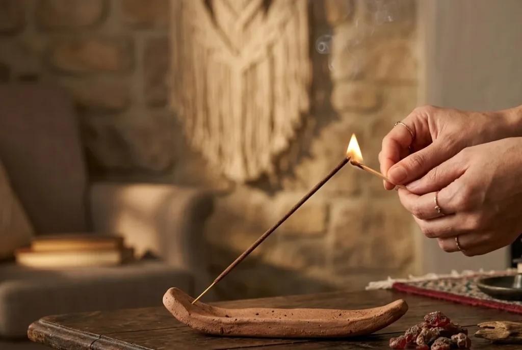 Lighting a hand-rolled oud incense stick from Dela's Gift Shop in a clay holder at home
