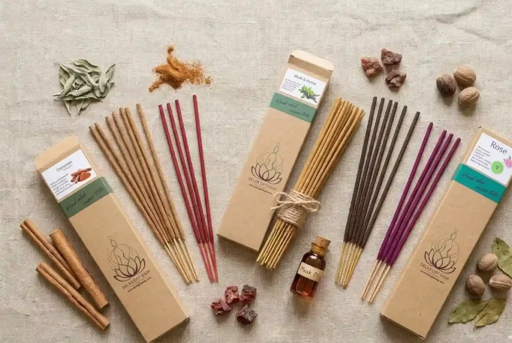 Collection of natural hand-rolled incense sticks in multiple scents from Dela's Gift Shop UK.