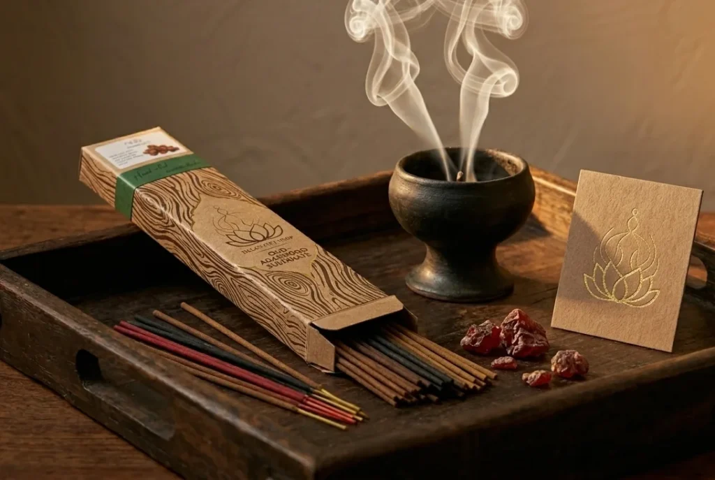 Oud incense sticks, clay incense holder and oud perfume from Dela's Gift Shop styled together on wooden tray