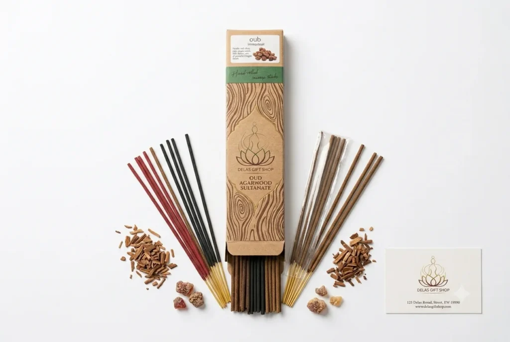 Hand-rolled Middle Eastern oud incense sticks pack from Dela's Gift Shop product shot