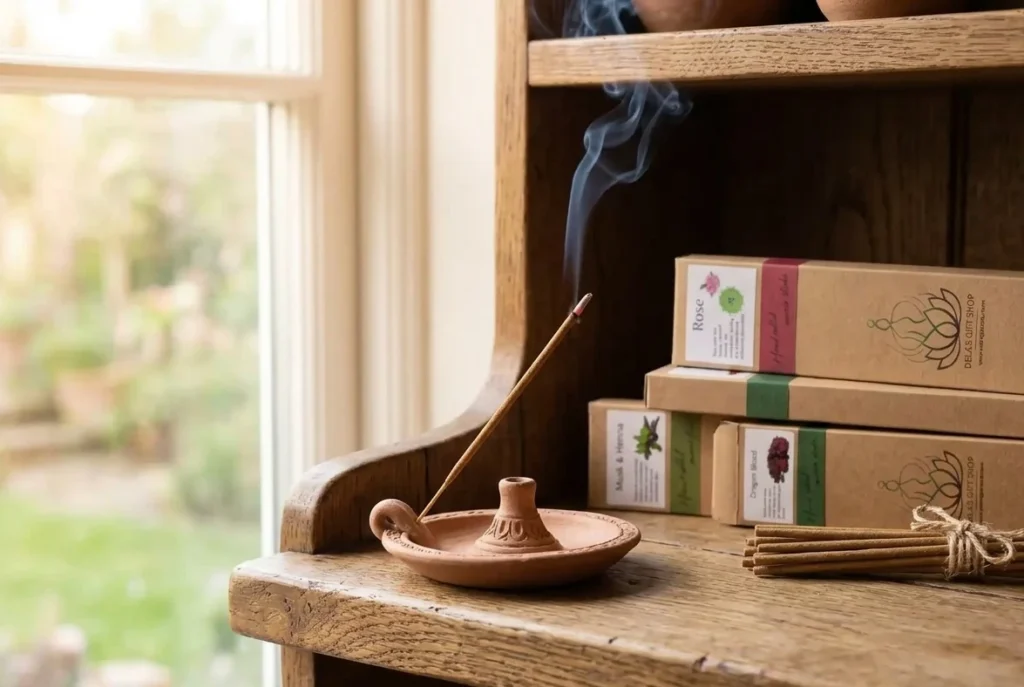 Handmade clay incense stick holder with burning natural incense stick.