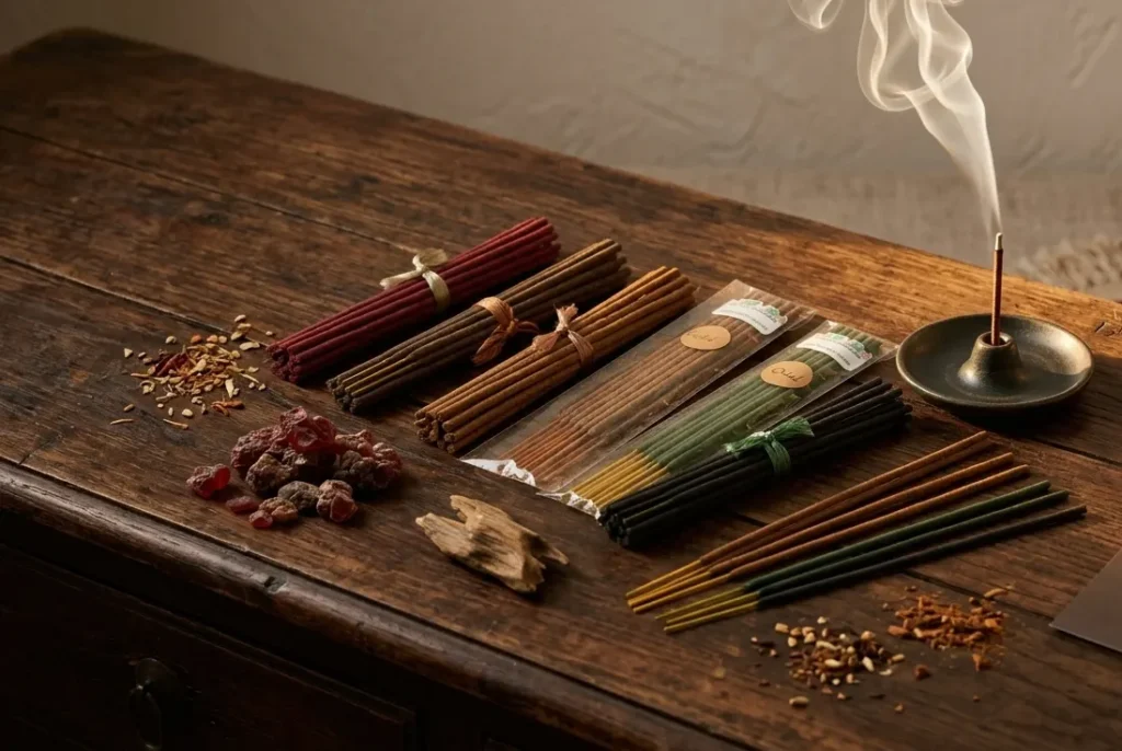 Hand-rolled Middle Eastern oud incense sticks from Dela's Gift Shop on dark wooden surface with clay holder and smoke