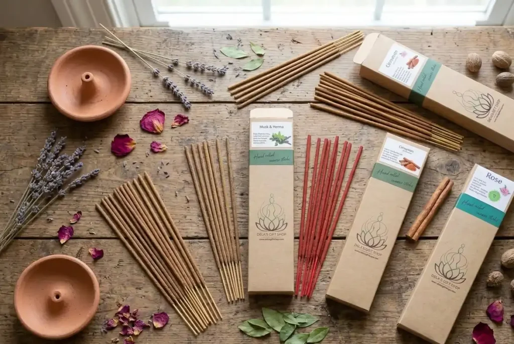 Collection of hand-rolled natural incense sticks and clay holder from Dela's Gift Shop UK.