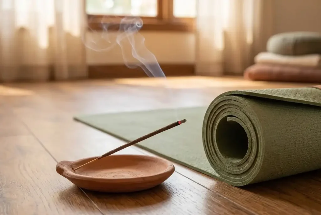 hand rolled sandalwood incense sticks burning on clay holder beside yoga mat