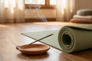 hand rolled sandalwood incense sticks burning on clay holder beside yoga mat