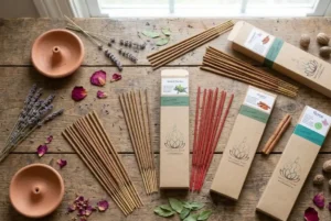 Collection of hand-rolled natural incense sticks and clay holder from Dela's Gift Shop UK.