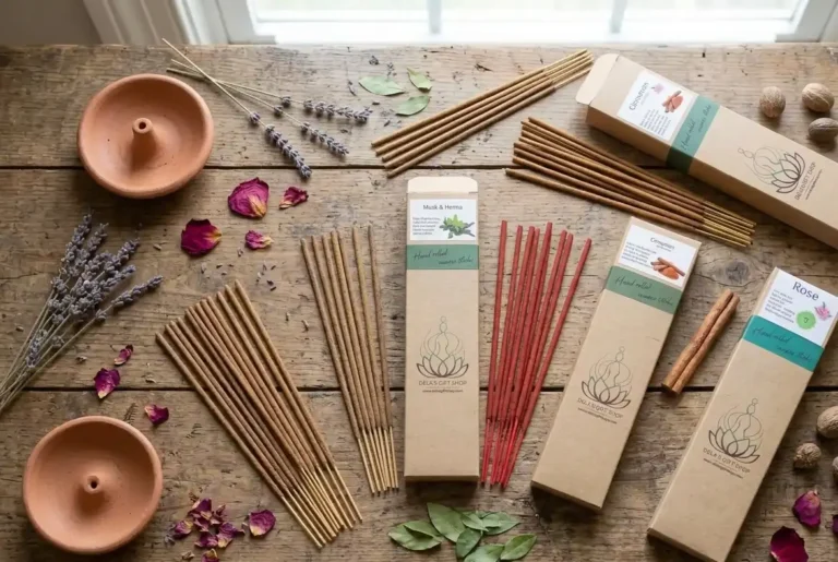 Collection of hand-rolled natural incense sticks and clay holder from Dela's Gift Shop UK.