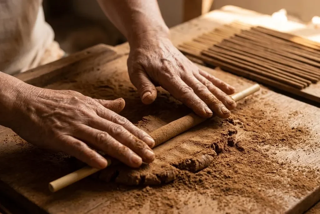 Artisan hands hand-rolling natural incense sticks with botanical powder on a wooden surface using a traditional method