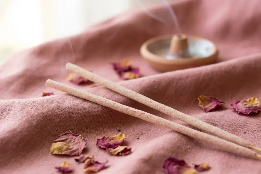 Natural incense sticks gift for her UK including rose and musk scents beside clay holder on soft fabric surface