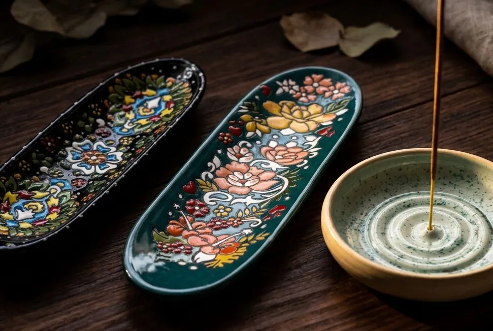 Black floral handmade clay incense stick holder UK with hand-drawn tar pattern and semi-precious stone decoration, Dela's Gift Shop