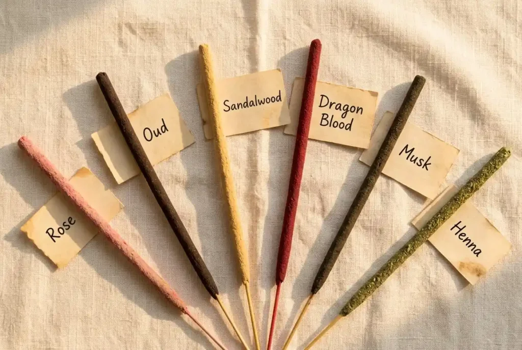 Selection of hand-rolled incense sticks from Dela's Gift Shop UK arranged as a build-your-own gift set on linen cloth