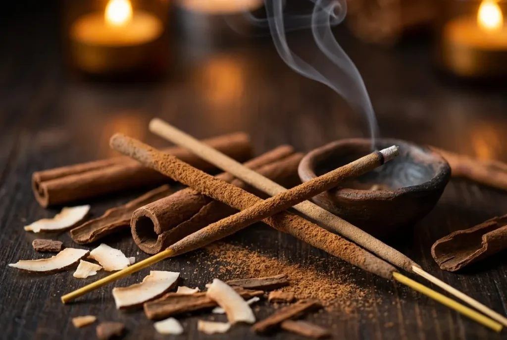 Hand-rolled cinnamon and coconut incense sticks burning in a cosy UK home with warm amber tones and a small clay holder on a wooden surface
