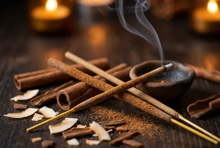 Hand-rolled cinnamon and coconut incense sticks burning in a cosy UK home with warm amber tones and a small clay holder on a wooden surface