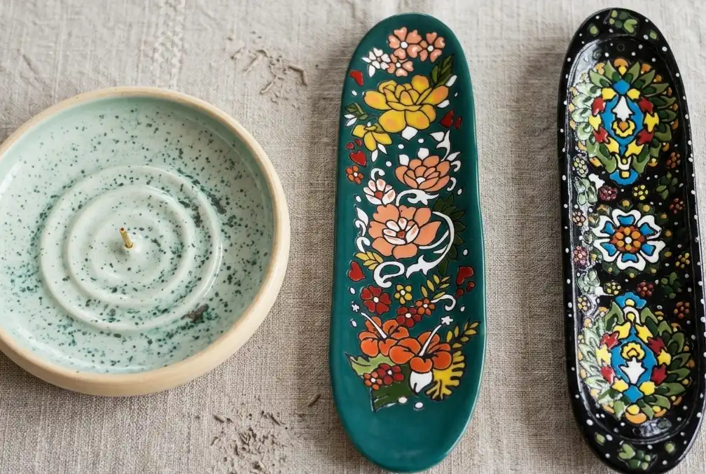 Three incense holder types side by side showing clay ceramic and earthenware textures and finishes UK