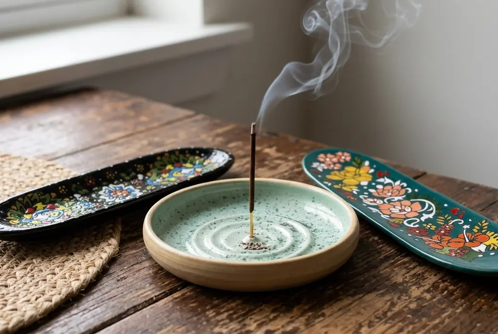 Handmade clay incense stick holder catching ash on a wooden surface, artisan home decor UK