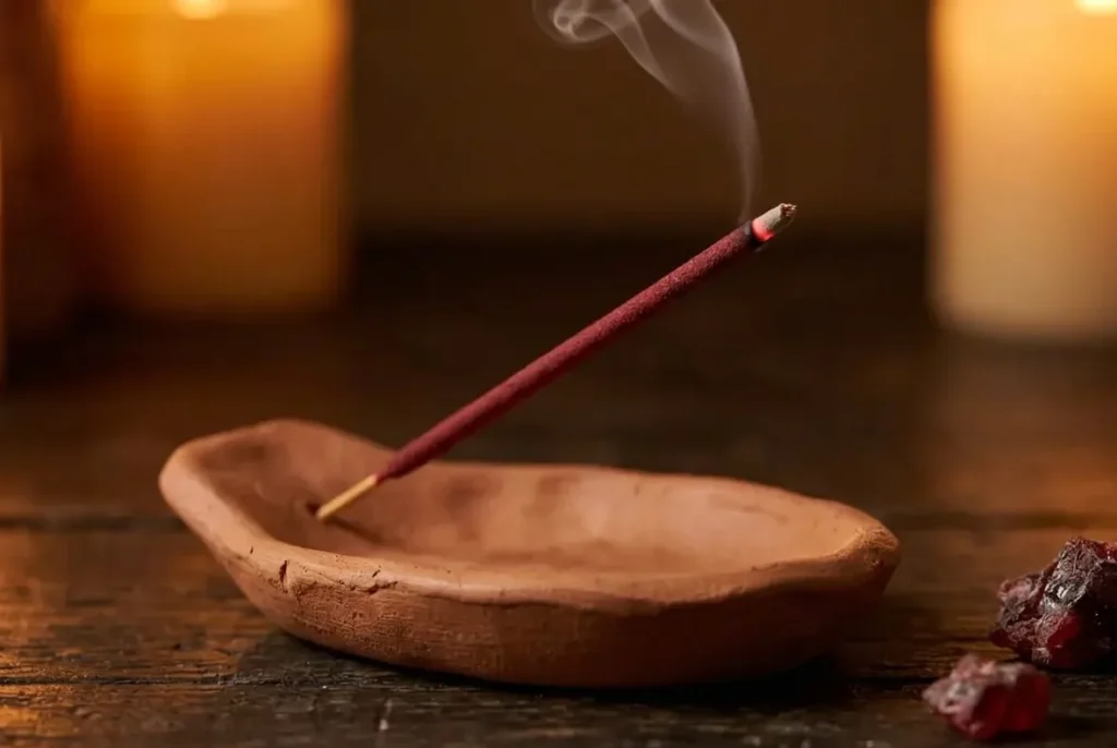 Handcrafted clay incense stick holder with a burning dragon blood incense stick, earthy natural tones on a wooden surface at Dela's Gift Shop UK