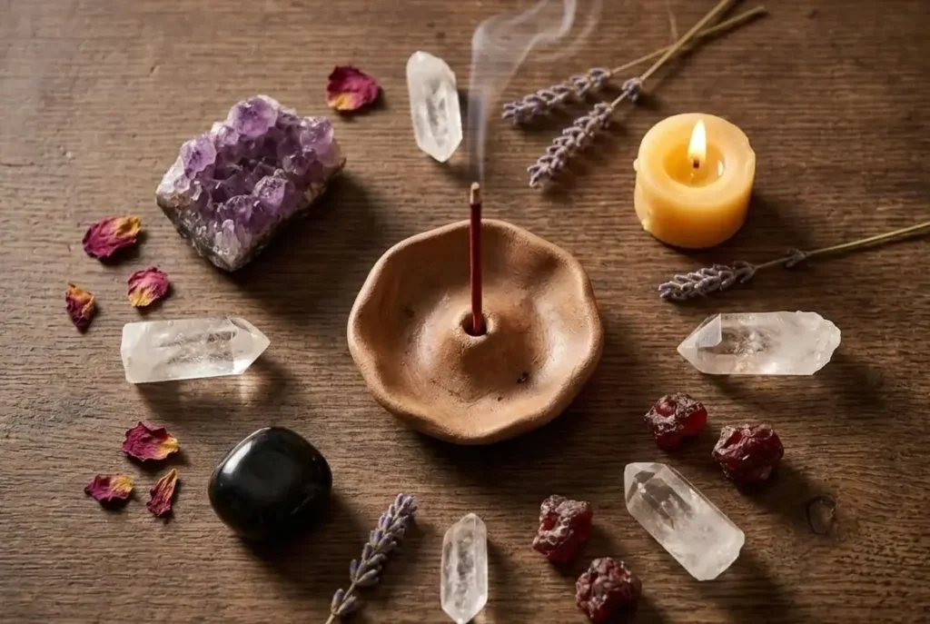 Lit dragon blood incense stick on a clay holder surrounded by natural crystals on a wooden surface, representing spiritual cleansing and grounding