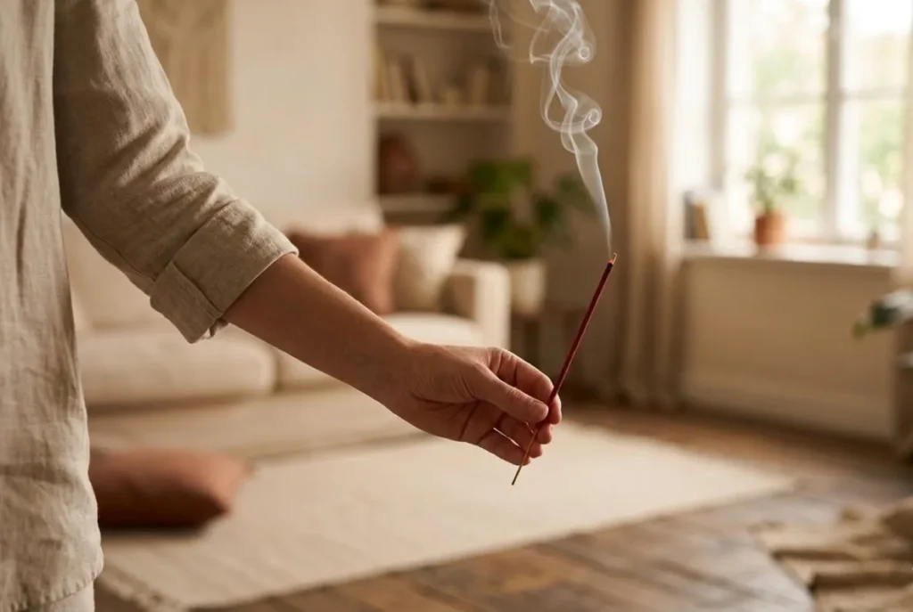 Person holding a burning dragon blood incense stick while moving slowly through a room for energy cleansing and protection