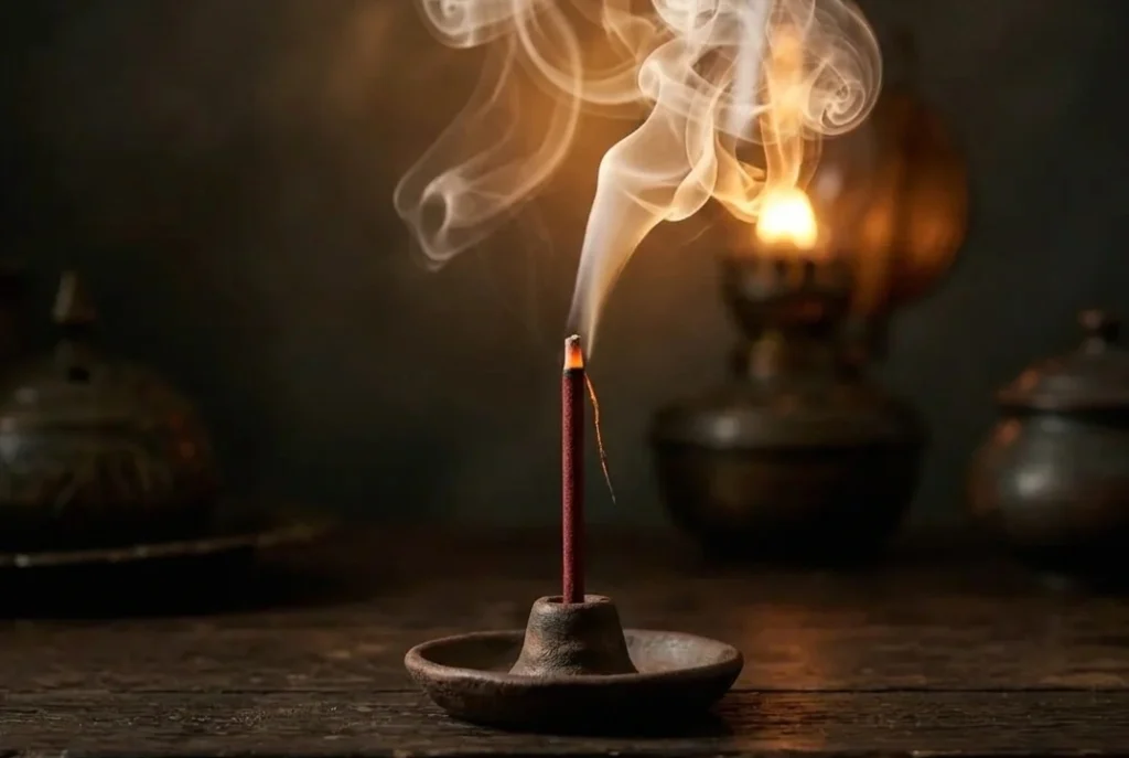 Dragon blood incense stick burning slowly with thick earthy smoke rising in a dimly lit room, used for spiritual cleansing and protection