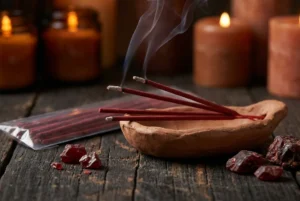 Dragon blood incense sticks burning on a clay holder with deep red resin and rising smoke — available for UK delivery at Dela's Gift Shop