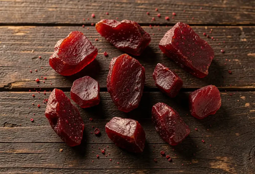 Raw dragon blood resin chunks in deep crimson red on a wooden surface, showing the natural plant resin used in handcrafted incense sticks UK