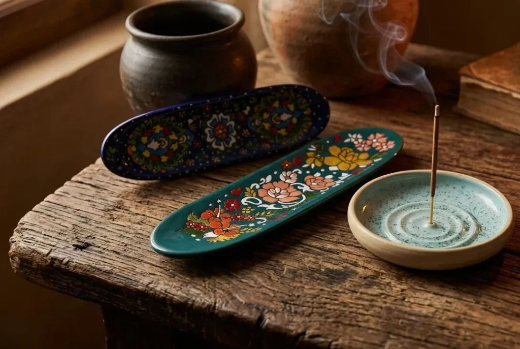 Handmade earthenware incense stick holder UK in rough natural clay texture on wooden surface with warm ambient lighting