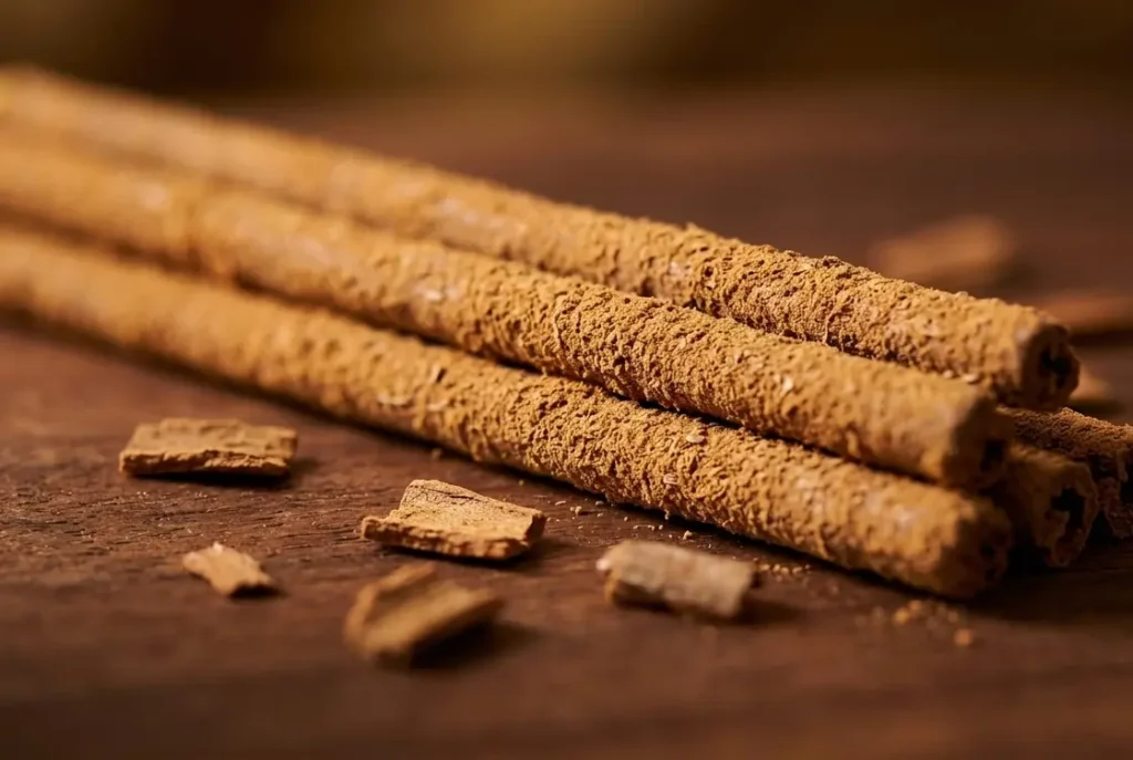 lose-up of hand-rolled cinnamon incense sticks UK showing natural cinnamon bark powder coating on a dark wooden surface