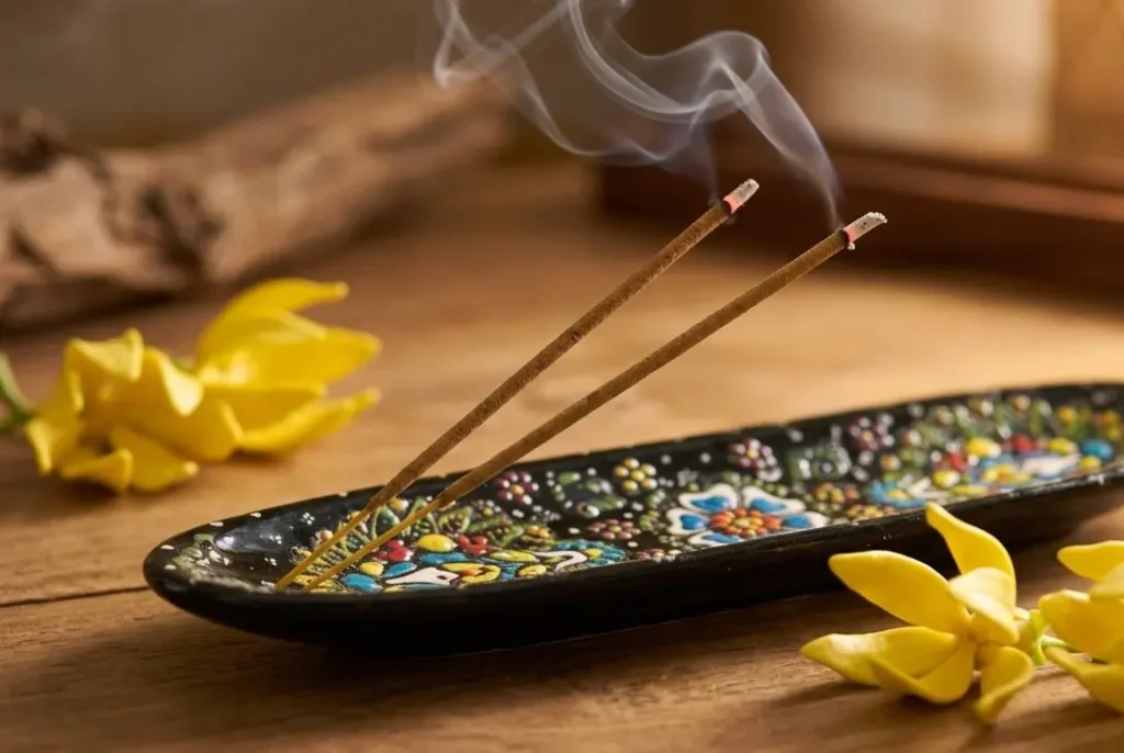 Hand-rolled ylang ylang incense sticks burning in a clay holder with yellow ylang ylang flowers on a wooden surface, available at Dela's Gift Shop UK
