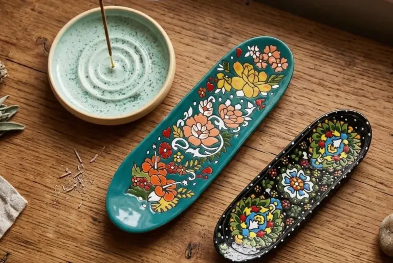 Handmade clay incense stick holder UK with burning incense stick and rising smoke on a natural wooden surface, Dela's Gift Shop